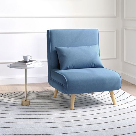 Mobilier Fauteuil chauffeuse convertible 3 en 1 lit place dossier 5 positions en tissu avec coussin - bleu