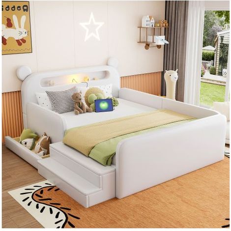 Lit Rembourré Enfant 140x200cm, Veilleuse LED et Port USB Intégré - Lit Enfant Multifonction avec Tiroirs et Escabeau Sécurisé (1/5)