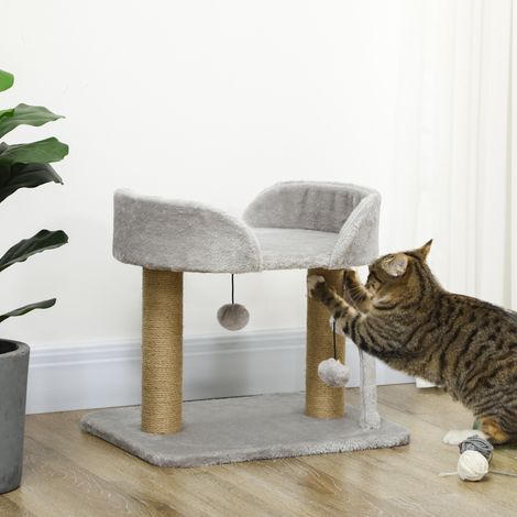 Tiragraffi per gatti di piccola taglia, altezza 42 cm, con nido, palline pendenti e pali in sisal, 48x38x42 cm, grigio chiaro.