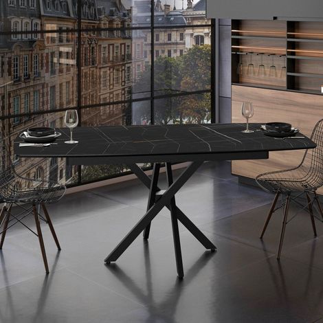 Tavolo allungabile Filis piano effetto marmo nero e oro e gambe in metallo nero 145x90x76H