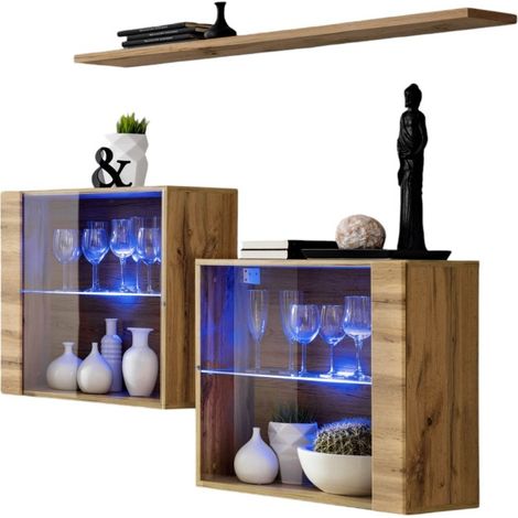 Composizione murale SWITCH SBIII – Cubi vetrati LED e mensola – Rovere Wotan – Design moderno