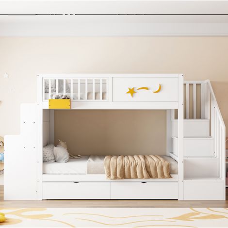 Letto a castello per bambini 90x200 cm bianco in legno di pino con scrivania, scala contenitore e cassetti (1/5)