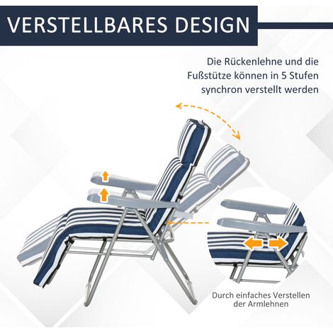 Transats de jardin pliables avec accoudoirs, réglables sur 5 positions, coussin inclus, bleus, 60 x 75 x 102 cm
