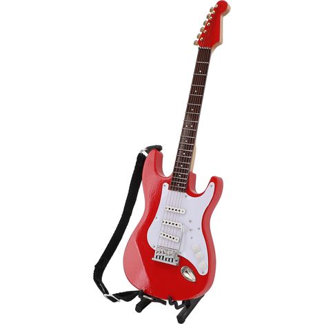 Guitare électrique miniature de 24 cm en bois rouge, avec support et étui, idéale pour la décoration intérieure. (1/5)