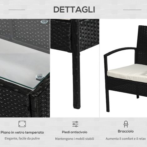 4-teiliges Gartenmöbelset aus PE-Rattan, bestehend aus einem Gartentisch (75x40x38 cm), zwei Sesseln (57x60x77 cm) und einem 2-Sitzer-Sofa (108x60x77 cm), schwarz und cremefarben.