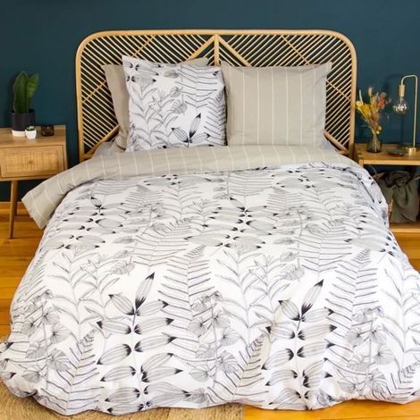 Parure de lit - Coton - Housse de Couette 220x240 cm - 2 Taies 63x63 cm - Motif Floral Réversible - Beige