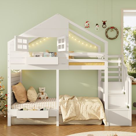 Lit mezzanine 90x200 cm en bois blanc, escalier rangement, gain de place, sans matelas – MEUBLIV (1/5)