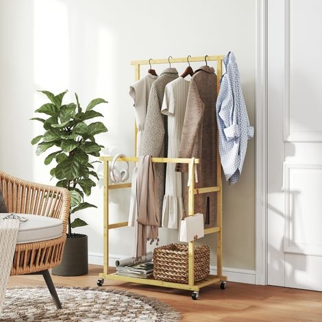 Appendiabiti su ruote in bambù con ripiano per scarpe, 80 x 40 x 160 cm, naturale (1/5)