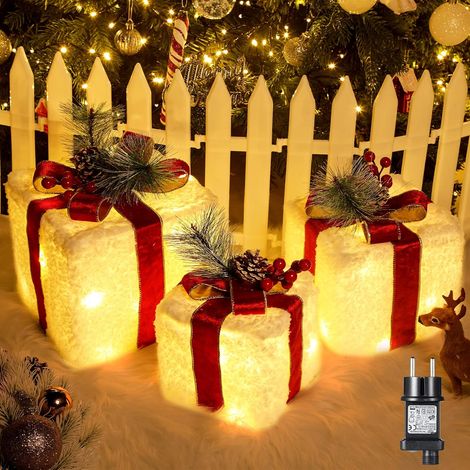 Set de 3 Boîtes Cadeaux LED, Décoration de Noël avec Lumières Blanches Chaudes à L'extérieur et à L'intérieur, Boîte Cadeau avec Texture Poilue pour Noël (1/5)