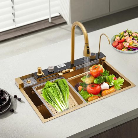 Évier de cuisine multifonction cascade robinet amovible plusieurs variantes de bec avec nettoyant pour tasses et distributeur de détergent 75 x 46 x 22 cm Doré (1/5)