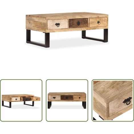 Holz - Couchtisch mit 3 Schubladen Massivholz Mango 90x50x35 cm (1/5)