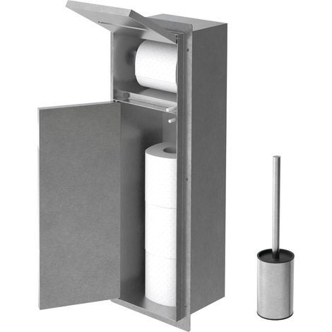 LuxeBath Niche Module Encastré, avec Couvercle 60 x 20 x 14 cm, Acier Argenté, Espace de Rangement à Papier Hygiénique et Porte-Brosses, avec Support de Rouleau Fermé, Armoire Murale à Carreler WC