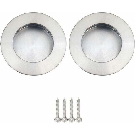 Lot de 2 Poignées Rondes Encastrables pour Porte Coulissante Acier Inoxydable Poignée Porte Coulissante Ronde Brossé Satiné -Argent (1/5)