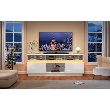 Grand meuble TV de salon 160 x 35 x 60 cm, support TV plat avec étagère en verre trempé, meuble bas brillant avec LED, MDF, adapté aux téléviseurs jusqu’à 60 pouces, blanc (1/5)