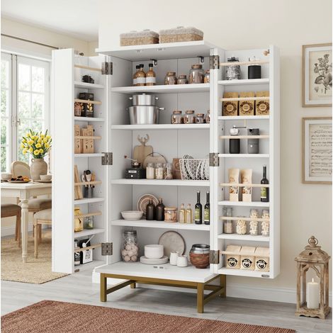 Credenza e buffet 60x40x130 cm con ripiani regolabili, vani portaoggetti sulle ante, colore bianco, per cucina e piccoli spazi. (1/5)