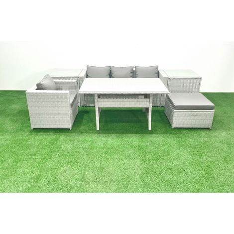 Fimous Rattan Gartenmöbel Essgarnitur 5 Sitzer Lounge Sofa Stuhl Esstisch Set mit Großer Fußhocker Hellgrau gemischt (1/5)