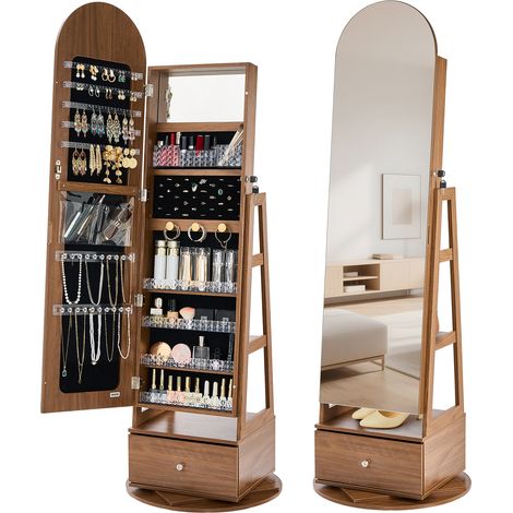 VEVOR Joyero Giratorio de 360°, con Espejo de Cuerpo Entero y Espacio de Almacenamiento, con 2 Llaves, Bolsillos para Accesorios, Compartimentos y Cajones para Guardar Joyas, 550 x 550 x 1655 mm (1/5)