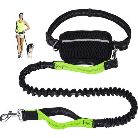 Corde de Jogging pour Course Marche avec Coutures Réfléchissantes et Distributeur de Sac Poubelle Laisse Réglable pour Grands Chiens Mains Libres et Amortisseur Vert Fluo (1/5)