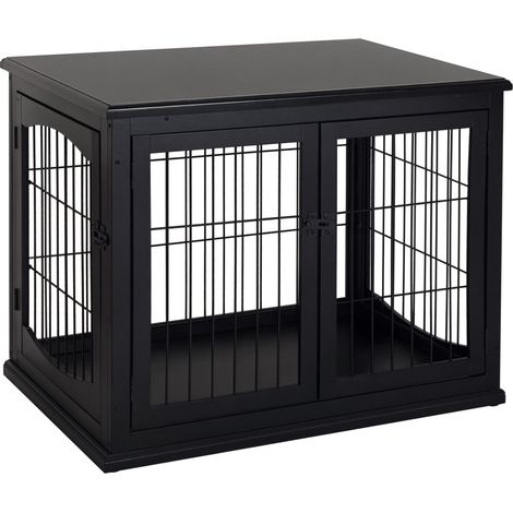 Caisse de transport pour chien avec portes, 58,5 cm x 81 cm x 66 cm, en MDF et fer, noire. (1/5)