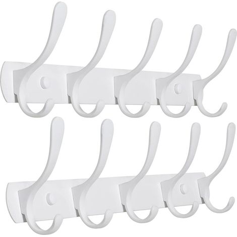 Set of 2 Modern Wall Mounted Coat Racks with 5 Hooks, Sturdy Metal Coat Rack for Hanging Clothes, Coats, Hats, Jackets, Backpacks, White