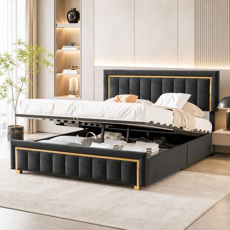 Lit double 160x200 cm en velours noir, tête de lit rembourrée avec finition dorée, rangement hydraulique intégré, sommier à lattes inclus, design chic pour chambre (1/5)