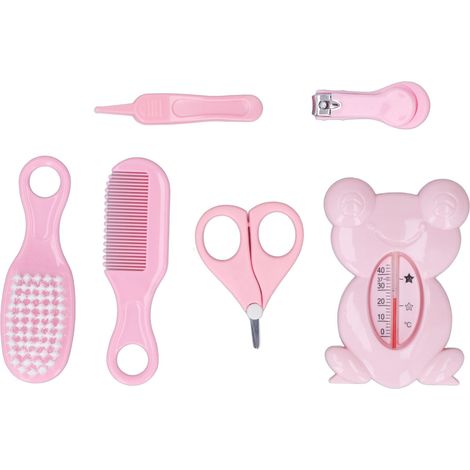 Kit de soins bébé 6 pièces : coupe-ongles, brosse, thermomètre, pince à mucus, peigne, rose