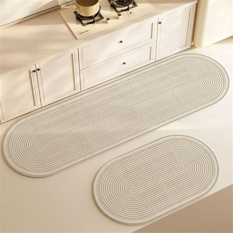 Lot de 2 Tapis de Cuisine Ovale Antidérapant en Terre de Diatomée Lavable Séchage Rapide pour Évier Salon Salle de Bain Beige 50x80 cm (1/4)