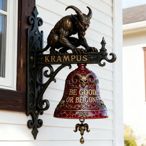 Cloche de porte décorative Krampus, figurine démoniaque 20cm, cloche rouge avec inscription, style gothique et Halloween, pour entrée et décoration murale (1/5)