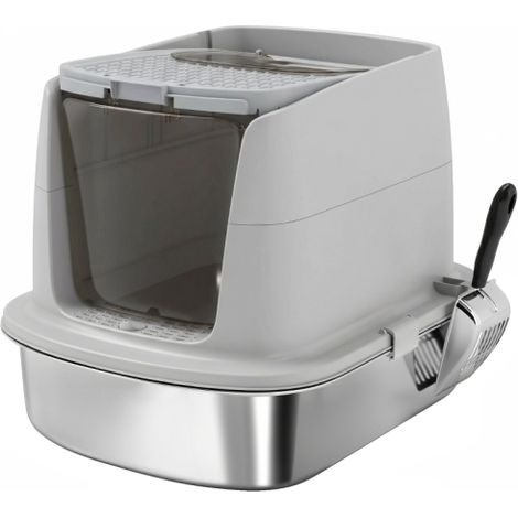 Lettiera per gatti in acciaio inox, chiusa, con paletta, sacchetto antiodore e ingresso/uscita in loco. (1/5)