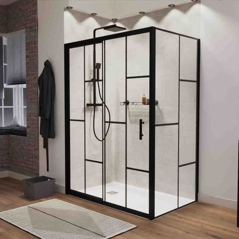 Paroi de douche d'angle effet verrière ATELIA avec porte coulissante 140 cm x 90 cm (1/4)