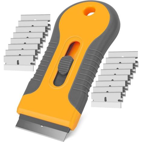 Grattoir Rétractable Plastique Jaune–20 Lames Acier Inoxydable – Multifonctionnel–Enlève Autocollants, Étiquettes, Mastic (1/5)