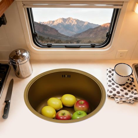 Évier de cuisine rond en acier inoxydable doré - Mini évier simple avec couvercle, siphon et kit de vidange - Facile à nettoyer - Idéal pour camping-car, comptoir de bar, cuisine et salle de bain - 40 (1/5)