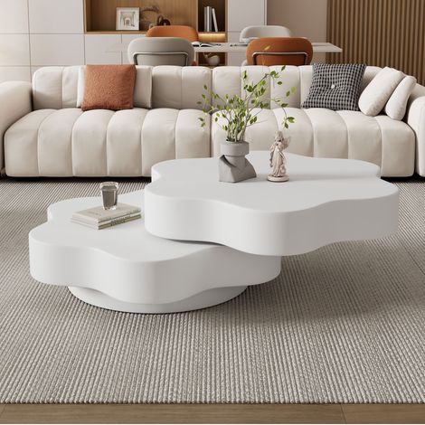 Tavolino basso a fiore girevole, piano superiore rotante a 360°, MDF, bianco crema DESVIAE (1/5)