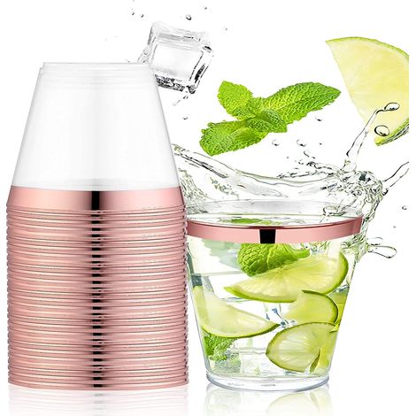 Cup Plastique - 9 Oz - Bord Doré Rose - Verre à Vin Jetable - Pour Mariage Fête Anniversaire - Lot de 50