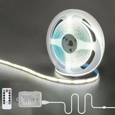 Bande COB 5V 320LED avec Boîtier à Piles et Télécommande,Alimentation USB et par Piles (piles non incluses),6,56pieds/2m,Blanc froid 6500K,8 Modes,Dimmable et Minuterie,Largeur 8mm,IP20 (1/5)