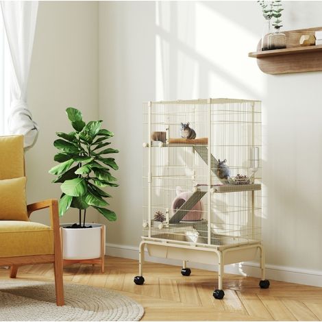 Gabbia per piccoli animali a 4 livelli, con mangiatoia e biberon, 69 x 44 x 120 cm, beige OKMYHOME (1/5)