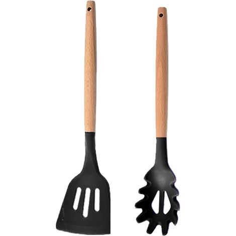 Ensemble Ustensiles Cuisine - Silicone Et Bois Resistants A La Chaleur - Pour Cuisson Et Service - Lot De 2 (1/5)