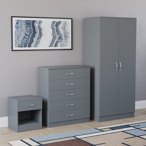 Riano 3 Piece Bedroom Set (1 Drawer Bedside Chest, 5 Drawer Chest, 2 Door Wardrobe) Grey (1/5)