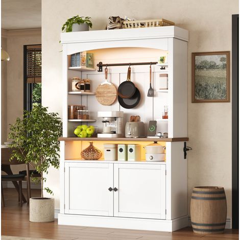 Buffet haut 106x43x183 cm blanc en MDF avec LED RGB, prise intégrée et rangements ouverts (1/5)
