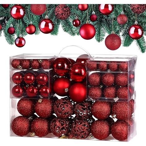 Set mit 100 robusten Weihnachtskugeln aus Kunststoff, für drinnen und draußen, rot