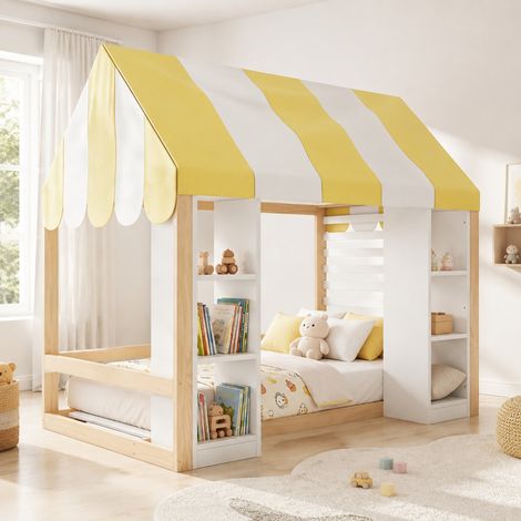 Lettino per bambini in stile casetta 90 x 200 cm con due ripiani e baldacchino, bianco e legno (1/5)