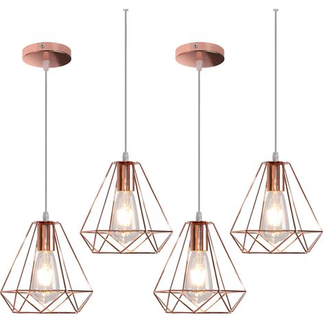 E27 Métal Suspension Luminaire Lampe Industrielle Vintage Plafonnier Luminaire Cage Diamant Pendant Eclairage Doré Rose 4PCS (1/5)