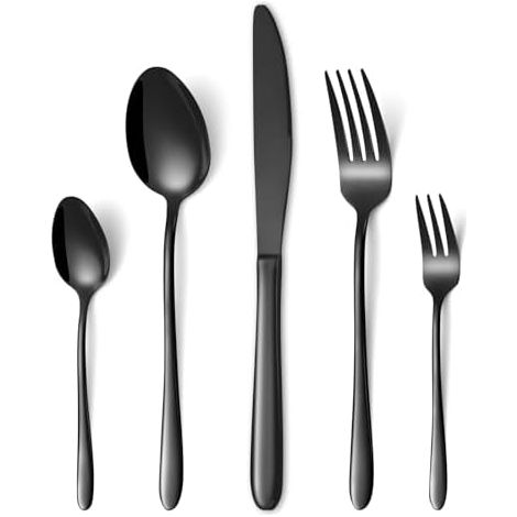 Besteck Set Schwarz, 30 Teilig Edelstahl Besteckset für 6 Personen, Essbesteck Set mit Abendessen Messer, Gabeln und Löffeln für Zuhause/Restaurant/Party/Bankett, Rostfrei Spülmaschinenfest