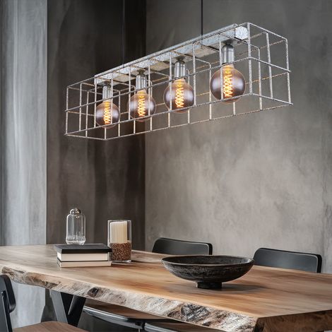 Lampe à suspendre 4 flammes Lampe à suspendre salon industriel Lampe à suspendre E27, grille métallique couleur zinc, 4x E27 douilles, LxlxH 90x20x150 cm (1/5)