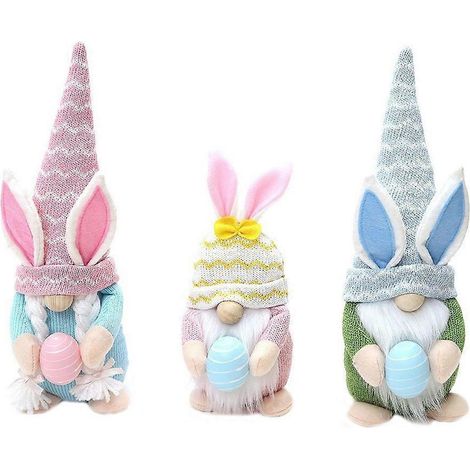 3 Pièces Nain de Pâques Lapin avec Barbe Tressée Tenant un Œuf et Chapeau (1/4)