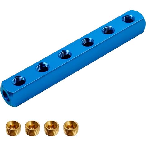 Pneumatique Raccords Rapides Lot de 6 Voies, 1/4" Filetage Tuyau D'air Collecteur Bloc, Connexion Rapide avec 4 Fiches en Cuivre, S'adapte aux Cylindres et Compresseurs - (1/5)