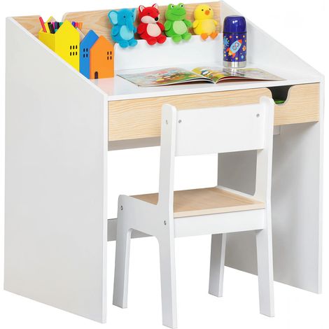 Ensemble Bureau et Chaise pour Enfants avec Tiroir et Étagère, Bords Arrondis, 6-10 Ans, Blanc et Bois (1/5)
