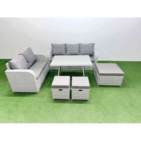 Fimous Outdoor PE Rattan Garden Furniture Set Rectangular Dining Table Sofa Set with 3 Stool Light Grey (1/4)