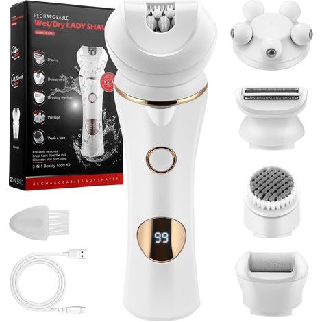 Épilateur 6 en 1 pour femme - Sans fil - Avec lumière LED - Humide et sec - Étanchéité IPX7 - Autonomie de la batterie : 90 minutes - Or (1/5)