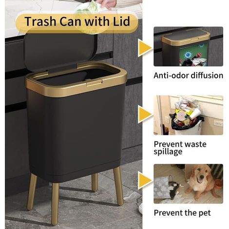 Poubelle de bureau avec couvercle, poubelle de salle de bain noire avec bord doré, poubelle moderne étroite avec pieds 4 gallons (1/4)